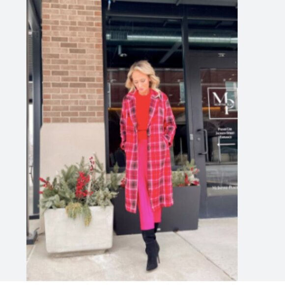 NWT Old Navy Soft Brushed Overcoat Red Tartan Plaid - Picture 2 of 10